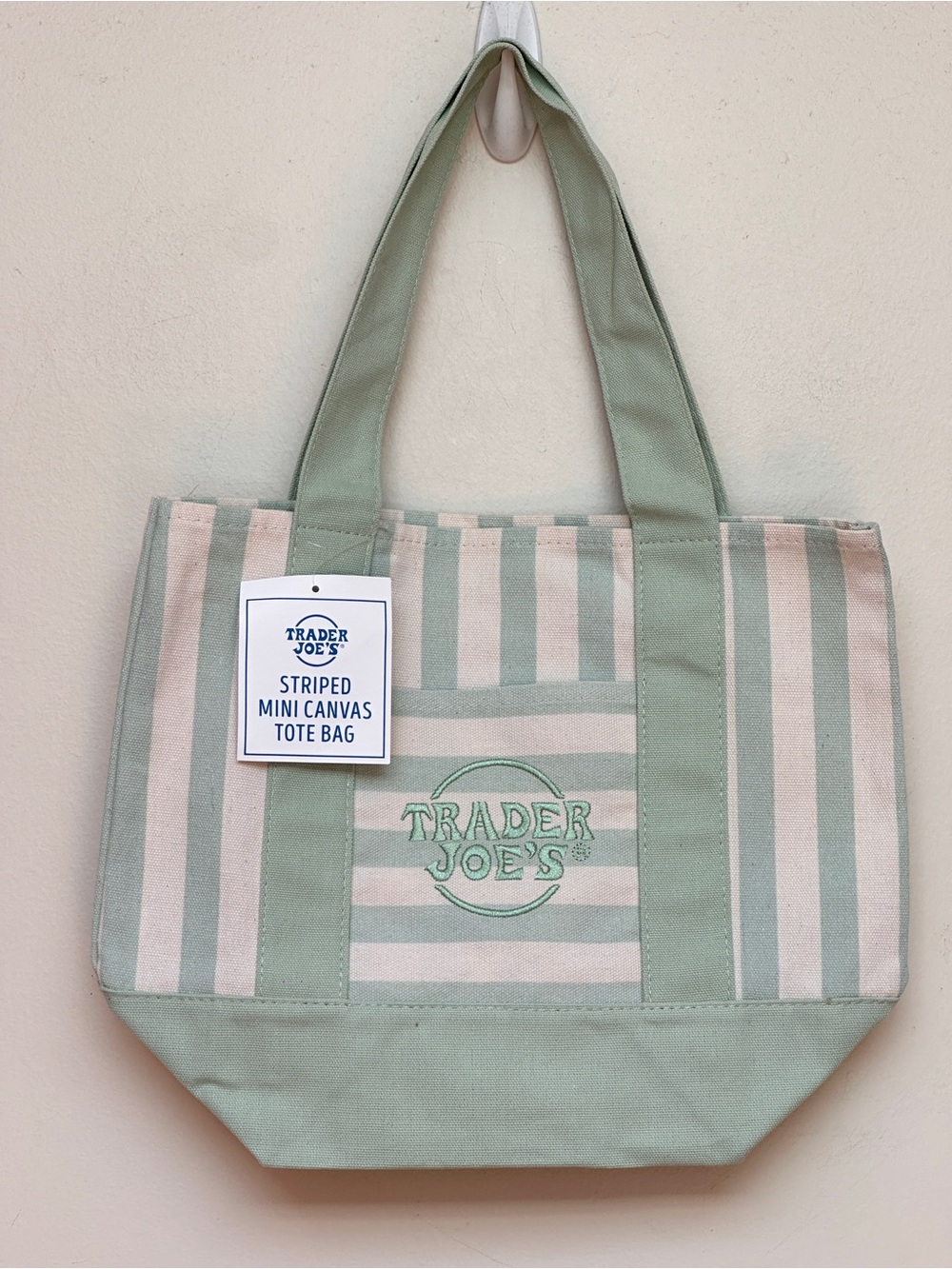 Trader Joe’s Seafoam Green Striped Mini Canvas Tote Bag Limited Edition NWT